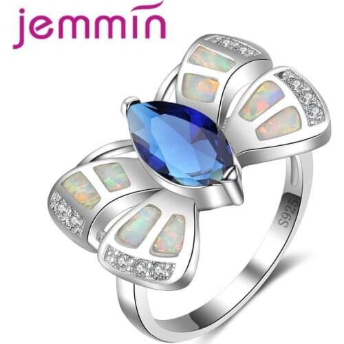 Elegance Lovely Butterfly Rainbow Opal Ring with Big Dark Blue Crystal 925 Sterling Silver Jewelry Charming Gift Bijoux
