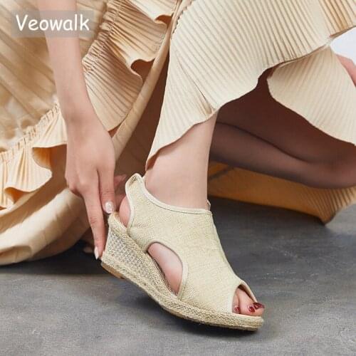 Veowalk Handmade Women Peep Toe Linen Espadrilles Slingback Sandals Summer Ladies Casual Wedge Heeled Platform Shoes Black Beige