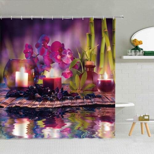 Zen Stone Flower Shower Curtain Bamboo Leaf Candle Bathroom Bath Decor Spa Yoga Wall Decoration Waterproof Fabric Hooks Curtains