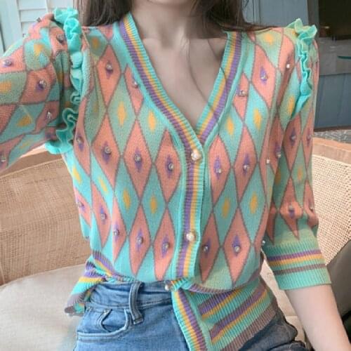 Short V-Neck Knitting Cardigan Women 2021 New Spring Autumn Korean Fashion Studded Diamond All-Match Casual Sweater Coat Female