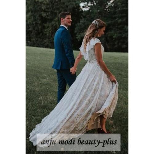 2021 Lace Boho Wedding Dresses for Bride Long V Back Sleeveless Bridal Wedding Gowns vestido de noiva