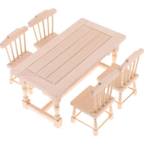 1/12 Dolls House Natural Wood Dining Table Chairs Set Dining Room Furniture Kits for 1:12th Dollhouse Accessories
