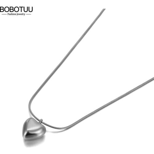 BOBOTUU Fashion Titanium Stainless Steel Lovely Heart Charm Necklace Jewelry 3D Pendant Snake Chain Necklace For Women BN20129