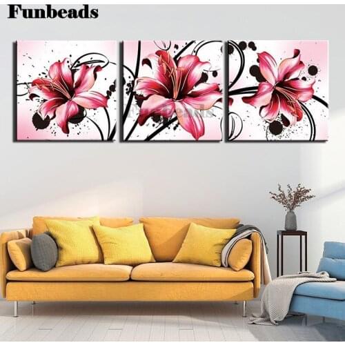 5d Diy Diamond Painting 3 Piece Pink Lily Flower Diamond Embroidery Sale Square Still Life Modern Decor Triptych Paint FF4061