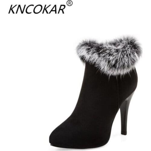 KNCOKAR 2018 Autumn winter womens boots back pile wool short boots big size high heels