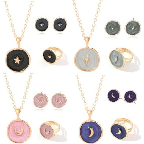 Fashion Necklace Alloy Drop Oil Love Heart Moon Lightning Necklaces Earring Ring Cute Round Party Gift Jewelry For Women Girls