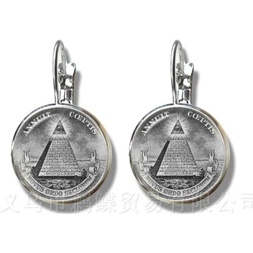 Egypt Pyramid Annuit Coeptis Eye of Providence Masonic Sign Earrings Sacred Geometry Llluminati Silver Plated Stud Earrings