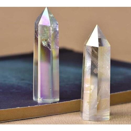 Natural White Electroplate Hexagonal Column Crystal Rock Mineral Specimen Point Rainbow Wand Home Decoration Reiki Healing Stone