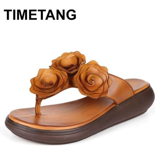 TIMETANG2020 New Classic Flower Flip Flop Women Summer Sandals Genuine Leather Flat Wedge Slippers Soft Comfortable Shoes Women