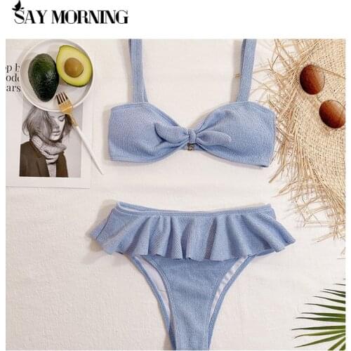 SAY MORNING 2021 New Ruffled Knotted Bikini Female Swimsuit Women Swimwear Two-Pieces Bikini Set Mid Waist Bather Bathing Suit