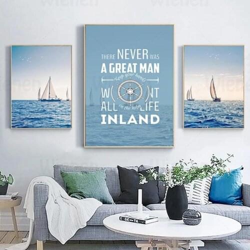 Modern Blue Ocean Landscape Canvas Prints Painting Wall Art Sailboat Quotes Mediterranean Poster Home Decoration Wall Pictures