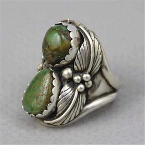 Vintage Tribal Turquoises Stone Rings Indian Ethnic Carved Metal Leaf Knuckle Finger Ring
