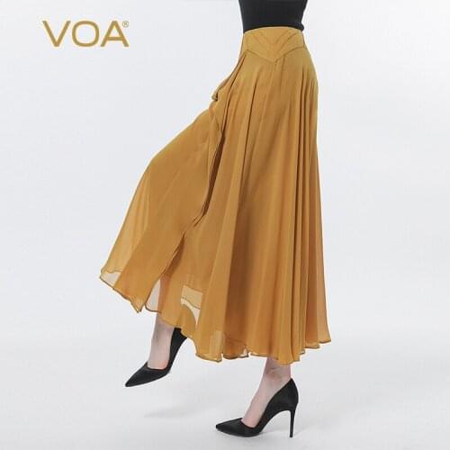 VOA Georgette Brown Natural Waist Stitching Three-dimensional Loose-leaf Decoration Double-layer Loose Wide-leg Trousers KE519
