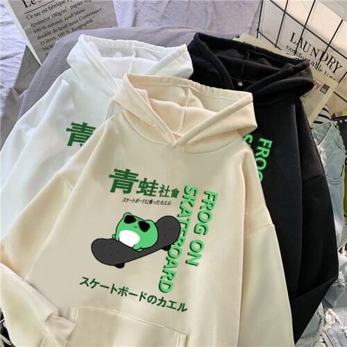 Harajuku Japanese Hoodie Skateboard Cartoon Frog Letter Printing Top Fashion Street Casual Kawaii Loose Cotton Sweater Unisex