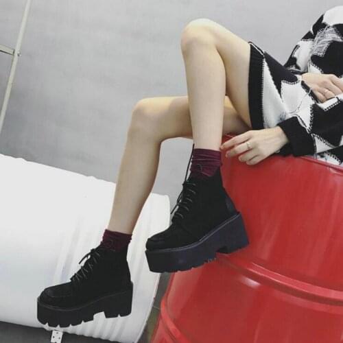 2019 Retro Black Thick Bottom high heel 7.5cm autumn short Ankle shoes boots women ladies wedges fltas platform boots LG-63