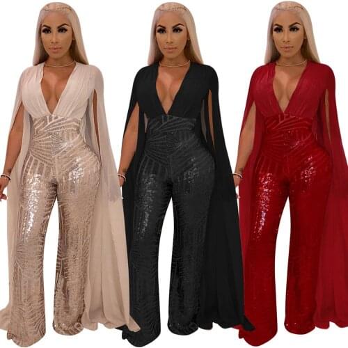 Women New Hot Sequined Cloak Long Sleeve Open Back Deep V-Neck Bodycon Night Party Halloween Day Jumpsuits Sexy Club Romper