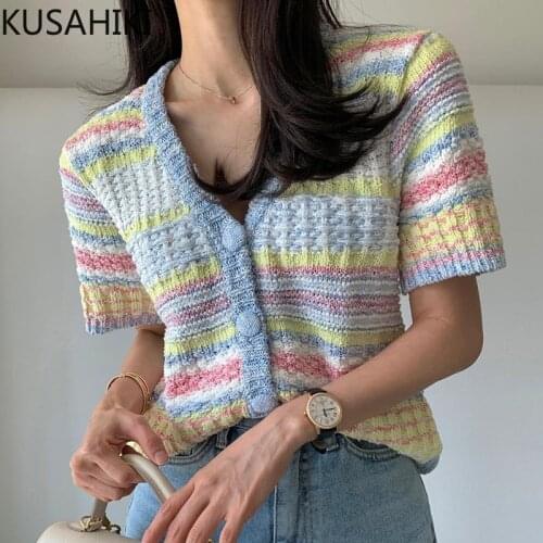 KUSAHIKI Colourful Stripe Knitted Cardigan Causal Short Sleeve Knitwear 2021 New Fashion Elegant Single Breasted Jumper 6K880