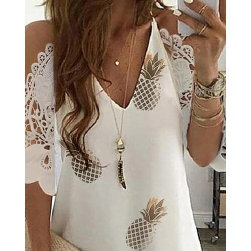 2020 Fashion Women Summer Elegant Pineapple Print Cold Shoulder Crochet Lace Dress Lady Short Sleeve Hollow Out Mini Dress