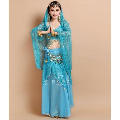 2017 plus size Belly Dancing Dance Dress 5Pcs/sets(Bra&Highlight Skirt&Waist Chain&Head veil&necklace) Indian Clothing Costume