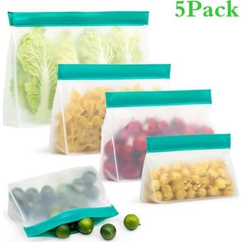 5PCS Silicone Food Storage Bags Reusable Leakproof Freezer Ziplock Containers Zip Shut Bag Fruit Vegetable Fresh Wrap BPA Free