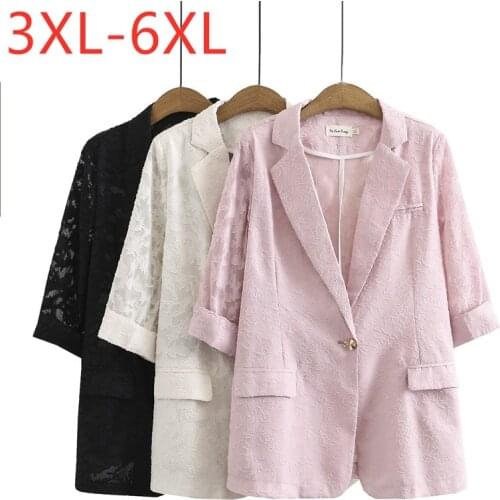 New 2021 Ladies Spring Summer Plus Size Blazer For Women Large Short Sleeve Loose Casual White Pink Lace Blazer 3XL 4XL 5XL 6XL