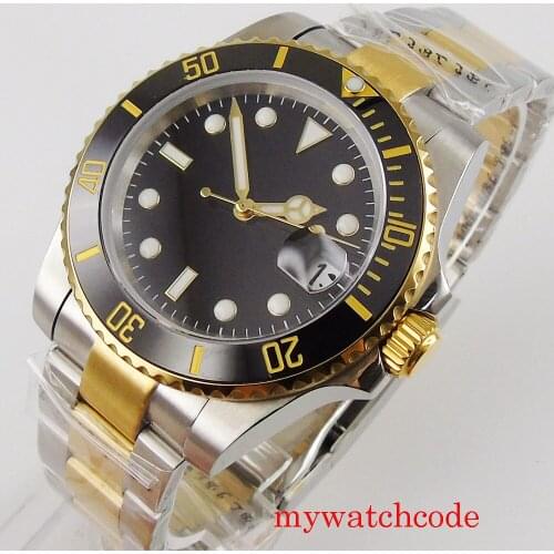 Bliger 40mm black sterile dial automatic men watch NH35 movement sapphire crystal two tone bracelet