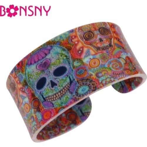 Bonsny Statement Acrylic Wide Halloween Skull Skeleton Pattern Bracelets Bangles Novelty Jewelry For Women Gifts Charms Bijoux