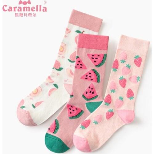 Caramella 3Pairs/Lot Harajuku Women Socks Colorful Fruit Long Cotton Socks Funny Strawberry Pattern Pink Girls Socks
