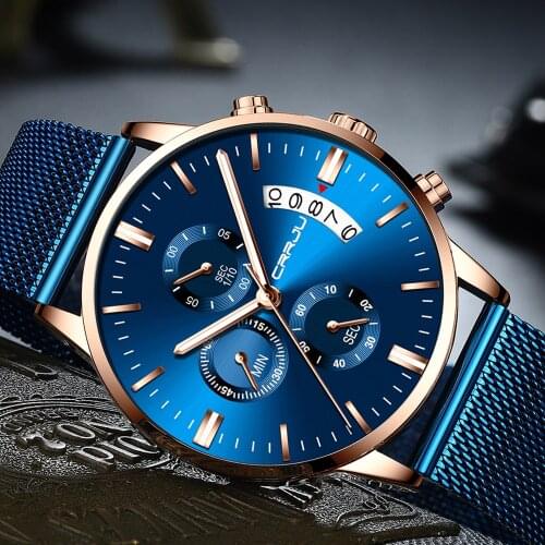 CRRJU Men Watch Top Brand Luxury Mens Quartz Wristwatches Chronograph Silver Mesh Watchband Waterproof Casual Men 2019 New