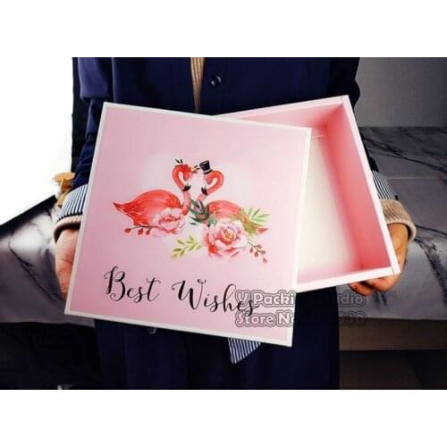 20*20*6.5cm Pink Flamingo pattern Mooncake Candy biscuit box,Toy birthdays gift box Party Wedding Favors giveaway Gift Boxes 50
