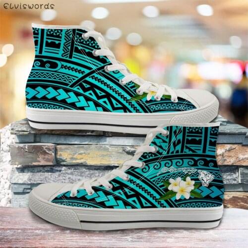 ELVISWORDS Hawaii Polynesian Tribal Plumeria Design Girls Casual Vulcanized Sneakers Women High Top Canvas Shoes Tenis Feminino