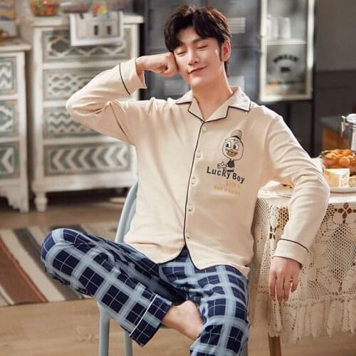 2021 New Pajamas Set Men Cartoon Pajama Long Sleeve Trousers Mens Sleepwear Cotton Turndown Collar Warm Night Suit Plus Size 3XL