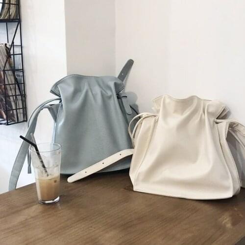 Simple Solid Color PU Leather Bucket Bag For Women Casual Drawstring Shoulder Bags College Style Girl Messenger Bag