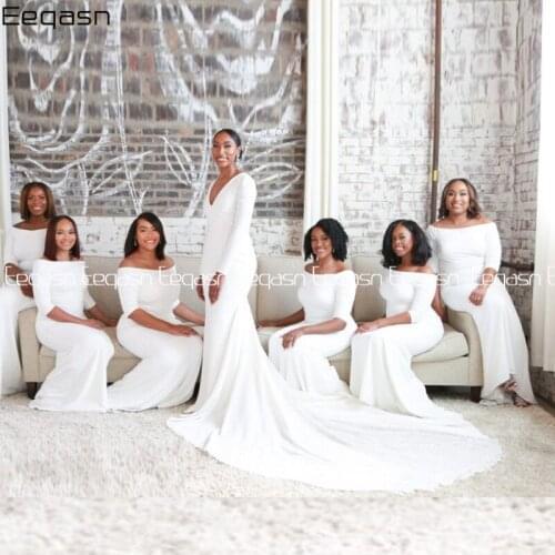 Sexy White Mermaid Bridesmaid Dresses Half Sleeves Wedding Guest Gowns Floor Length Satin Formal Maid of Honor Dress