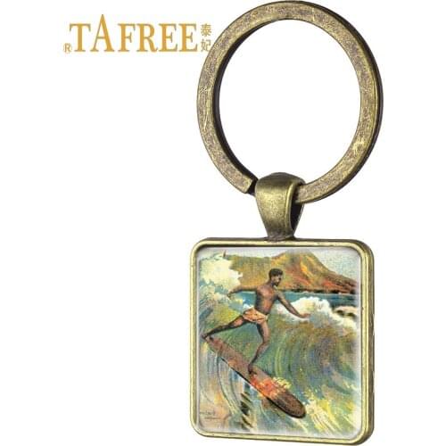 TAFREE Vintage surf square keychain Exciting outdoor sports surf keyring for women car keyring jewelry SF41