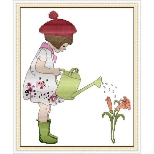 Cross Stitch Joy Sunday Girl Watering Flowers Counted Printed on Canvas 11CT14CT DMS Cross Stitch Pattern DIY Needlework Sets