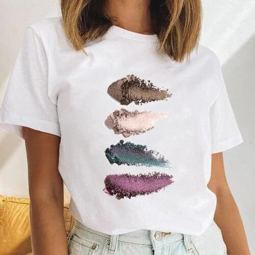 Women Make Up O-neck Style Trend Casual Female Short Sleeve Cartoon Clothes Tops Print Cute Ladies Tees Tshirt Graphic T-Shirt