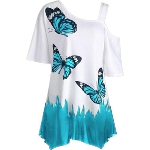 Womens summer shirt Plus Size Women Tshirt Butterfly Print T-shirt Cold Shoulder Short Sleeve Tunic Tee Top футболка 2021