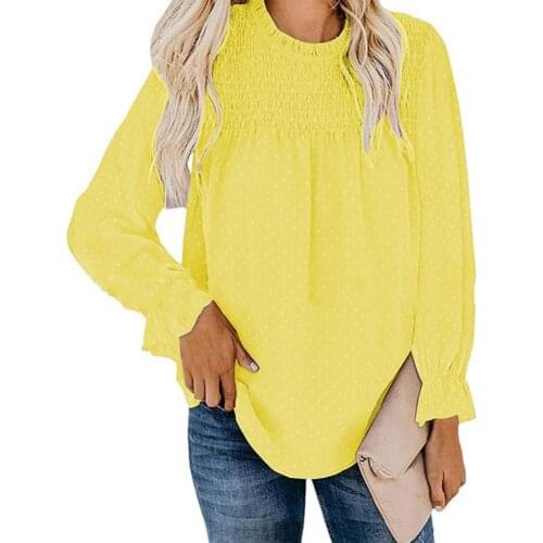 Autumn Top Lantern Sleeve Drawstring Polka Dot O Neck Women Autumn Shirt for Dating