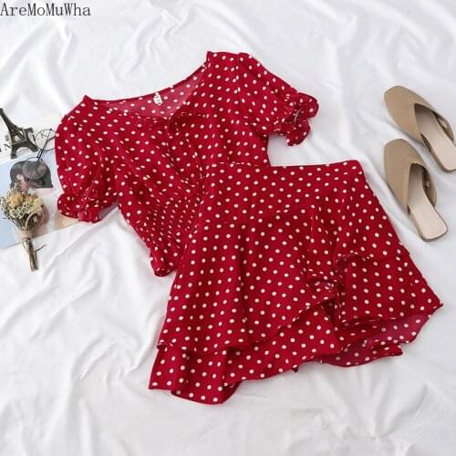 AreMoMuWha Summer New Wild Wave Point Short-sleeved Waist Tie Shirt + Ruffled Irregular Pleated Skirt Women Shorts Sets MH372