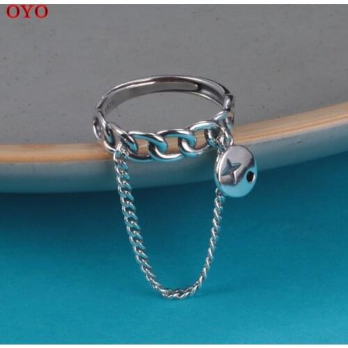 100% S925 sterling silver simple chain round medal ring female Korean fashion open index finger ring