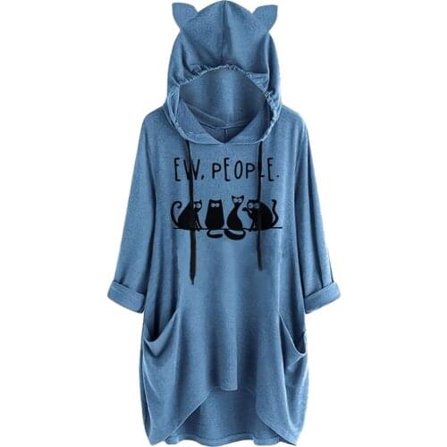 Plus Size Women Hoodies kawaii Cat Ears Hooded Sweatshirt Casual Loose With Pockets Hoody Pullover Long Sleeve Printed Sudadera