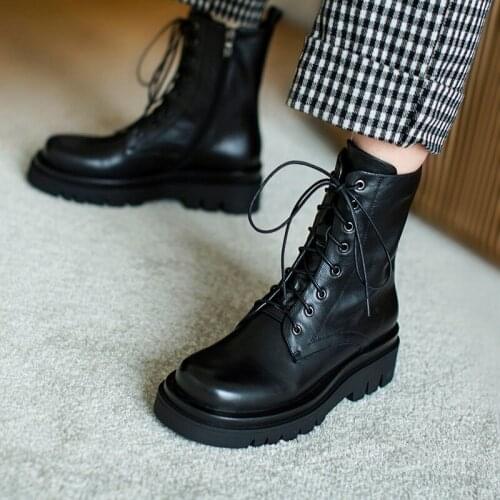 Genuine Cow Leather Martin boots womens thick bottom 2020 fall British style round toe single boots ankle boots women