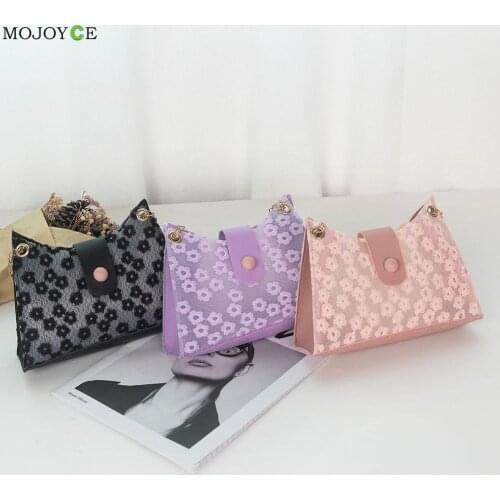 Summer Ladies Translucent PU Leather Handbags Lace Flower Printing Shoulder Bag Casual Small Chain Underarm Bag