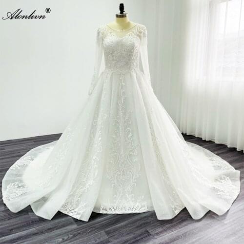 Alonlivn High-end Elegant Lace A Line Wedding Dress With Pearls Full Sleeve Of Vestido de Noiva Chapel Train