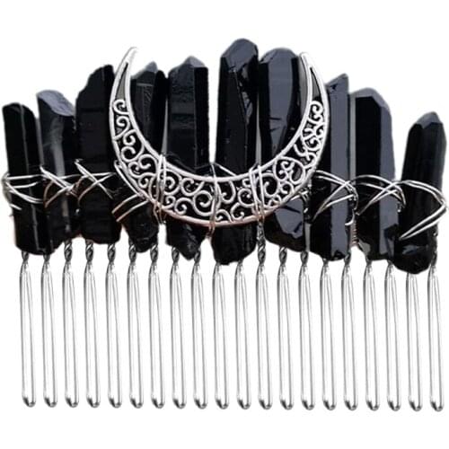 Boho Handmade Plating Black Raw Crystal Hair Comb Vintage Hollow Out Antique Metal Moon Hairpin Clip Bride Wedding Party Tiara