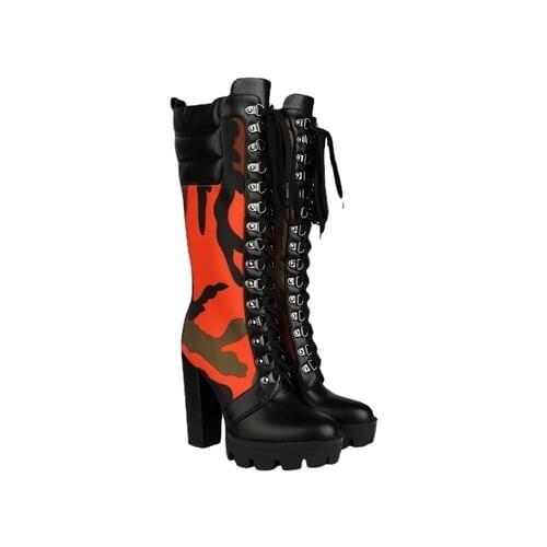 Camouflage Military Knee High Women Boots Platform Thick Bottom High Heels Lace Up Female Botas Motorcycle Winter Shoes Woman