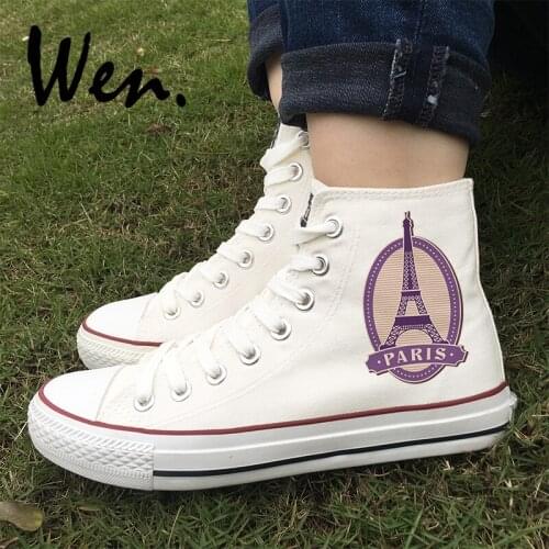 Wen Design White Black Athletic Shoes Postmark Eiffel Tower PARIS High Top Sneakers Women Canvas Shoes Men Outdoor Walking