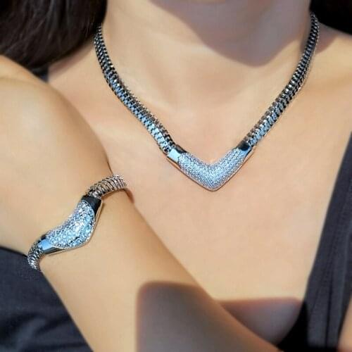 Charm Africa Dubai Jewelry Sets For Women Luxury Cubic Zirconia Silver Color Chain Necklace Bracelet Wedding Bridal Jewelry Set