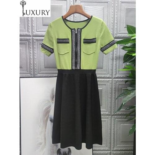 Fashion Winter 2020 Autumn Knitted High Quality Women Color Block Knitting Chest Pockets Short Sleeve Casual Sweater Dress